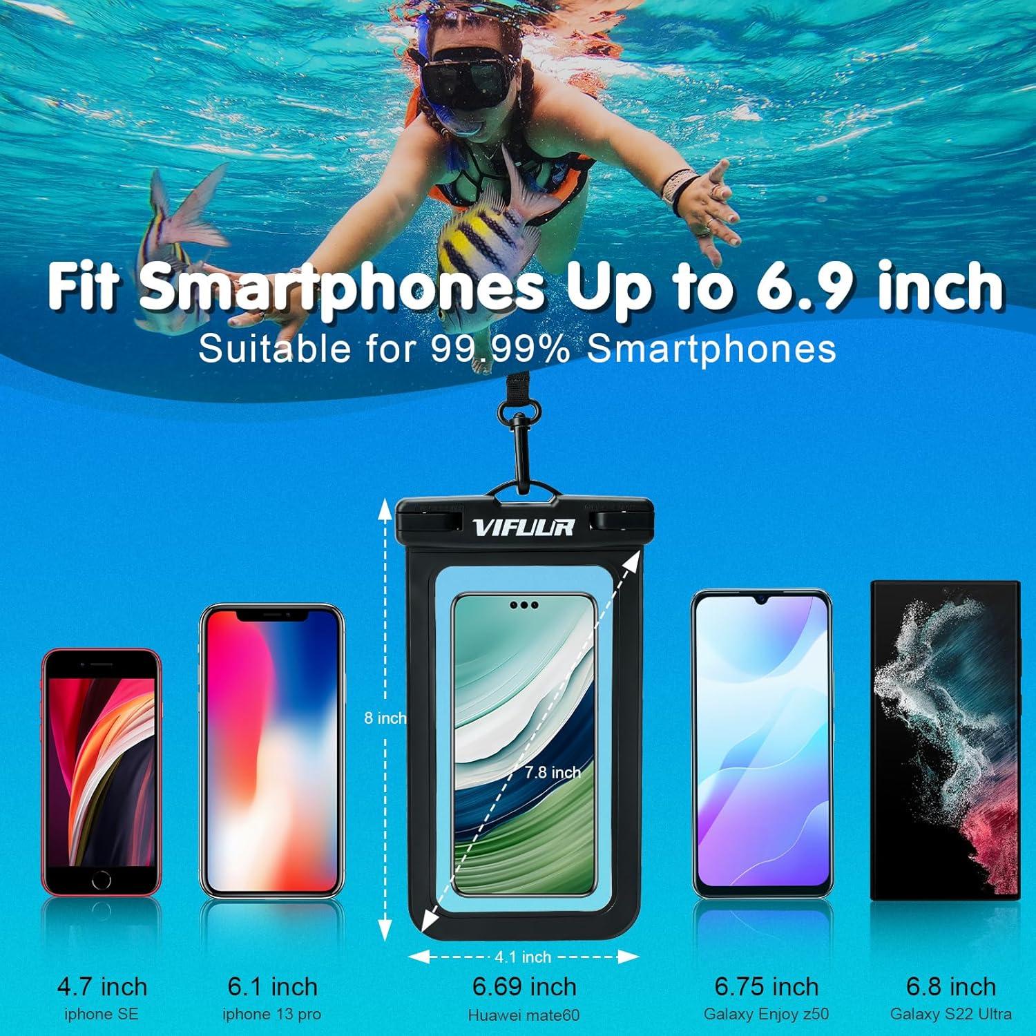 imageVIFUUR IPX8 Waterproof Phone Pouch Universal Cellphone Dry Bag Case Compatible for iPhone 15 14 13 12 Pro Max XS Plus Samsung Galaxy Phone Protector for Beach Diving Swimming 2 Pack BlackRose