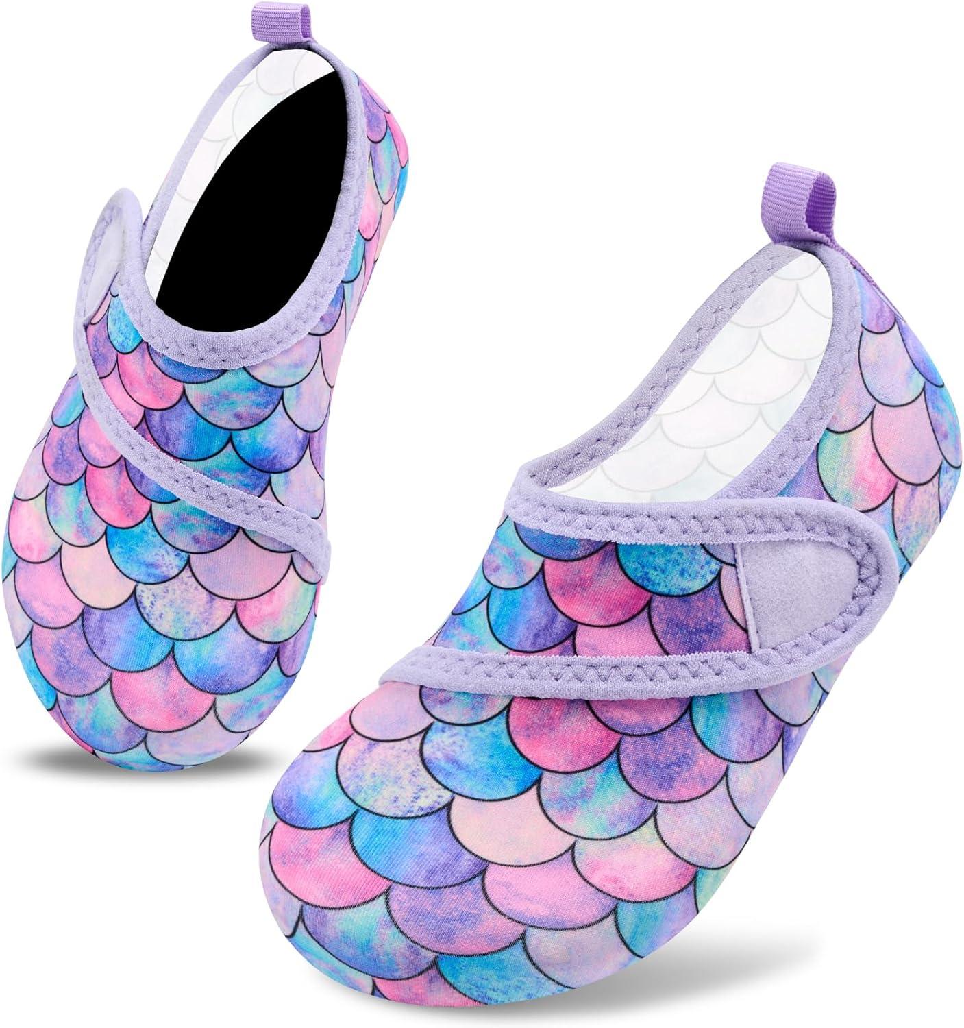imageVIFUUR Kids Water Shoes Boys Girls Barefoot Water Sports Socks HookampampLoop Beach Shoes Quick Dry Aqua Socks Swim Walking Outdoor Sports for ToddlerFish Scales Purple