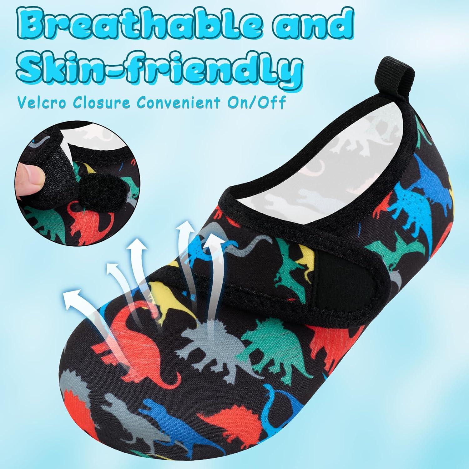 imageVIFUUR Kids Water Shoes Boys Girls Barefoot Water Sports Socks HookampampLoop Beach Shoes Quick Dry Aqua Socks Swim Walking Outdoor Sports for ToddlerBlack Dinosaurs
