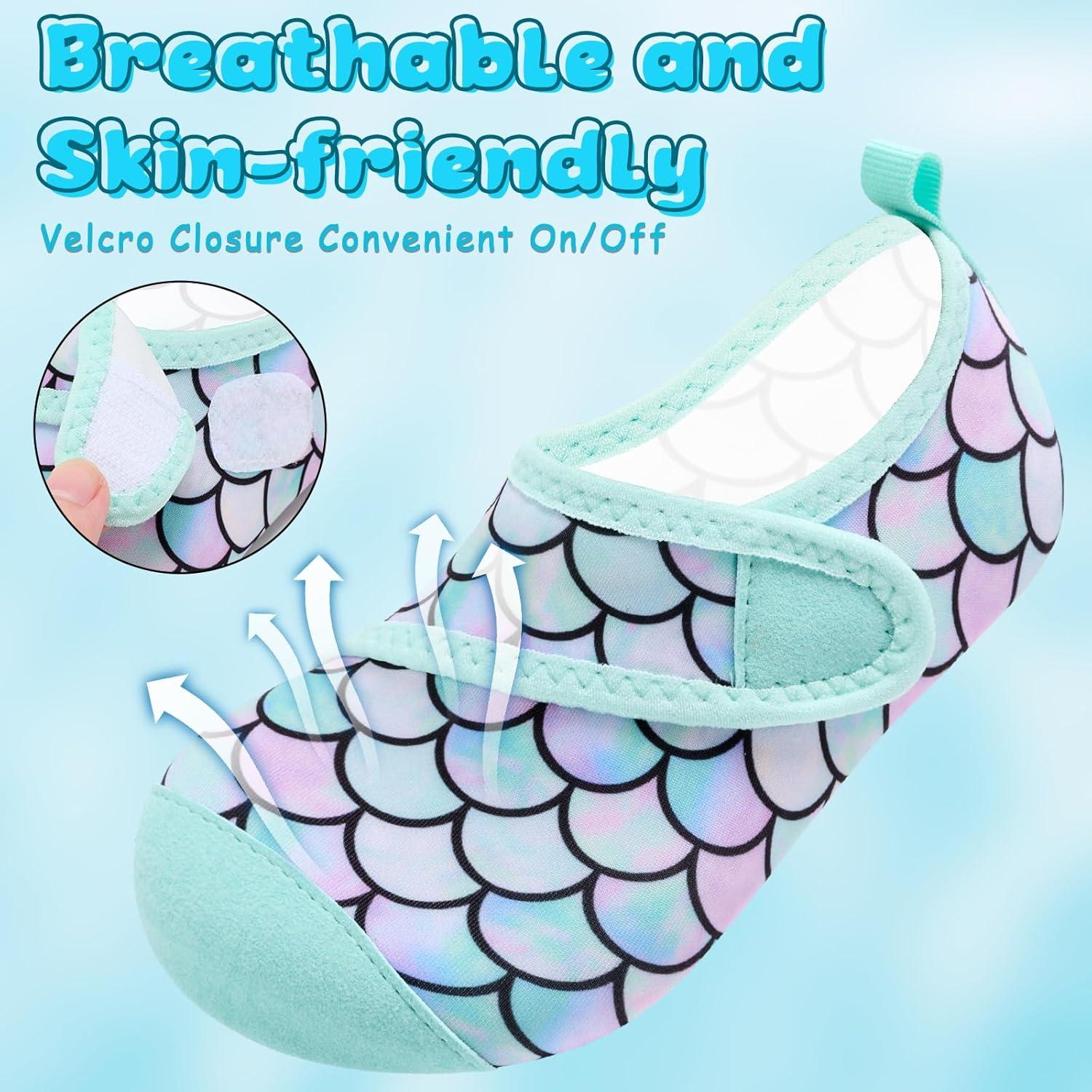 imageVIFUUR Kids Water Shoes Boys Girls Barefoot Water Sports Socks HookampampLoop Beach Shoes Quick Dry Aqua Socks Swim Walking Outdoor Sports for ToddlerFish Scales Green