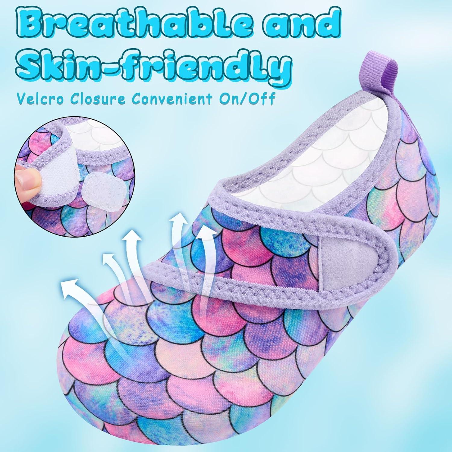 imageVIFUUR Kids Water Shoes Boys Girls Barefoot Water Sports Socks HookampampLoop Beach Shoes Quick Dry Aqua Socks Swim Walking Outdoor Sports for ToddlerFish Scales Purple
