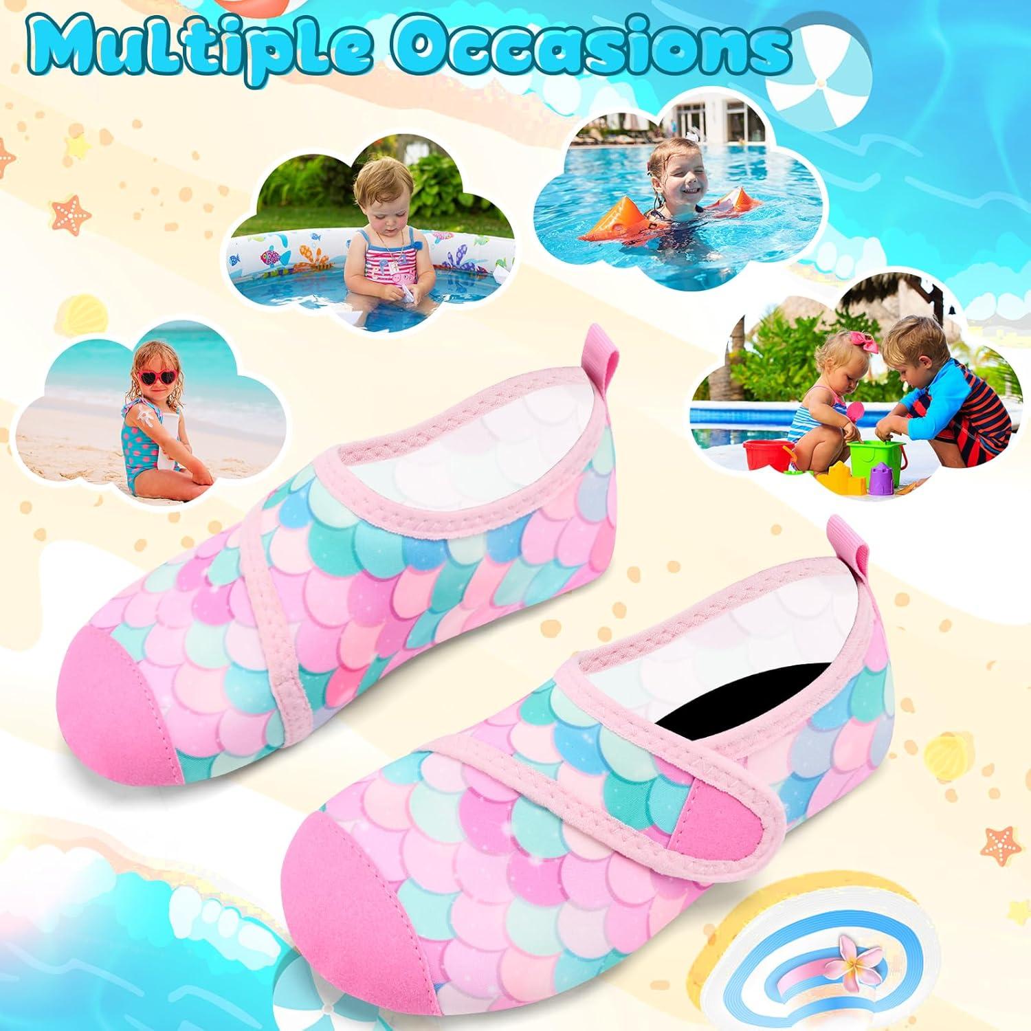 imageVIFUUR Kids Water Shoes Boys Girls Barefoot Water Sports Socks HookampampLoop Beach Shoes Quick Dry Aqua Socks Swim Walking Outdoor Sports for ToddlerFish Scales Pink