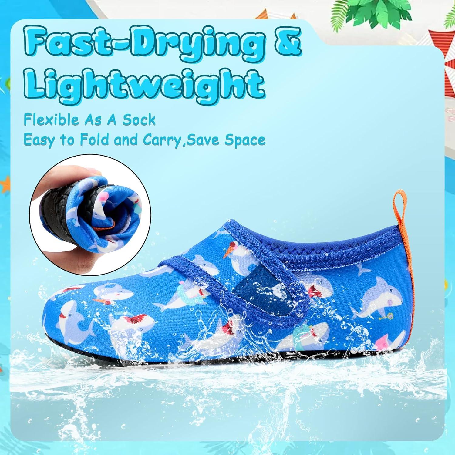 imageVIFUUR Kids Water Shoes Boys Girls Barefoot Water Sports Socks HookampampLoop Beach Shoes Quick Dry Aqua Socks Swim Walking Outdoor Sports for ToddlerBlue Shark