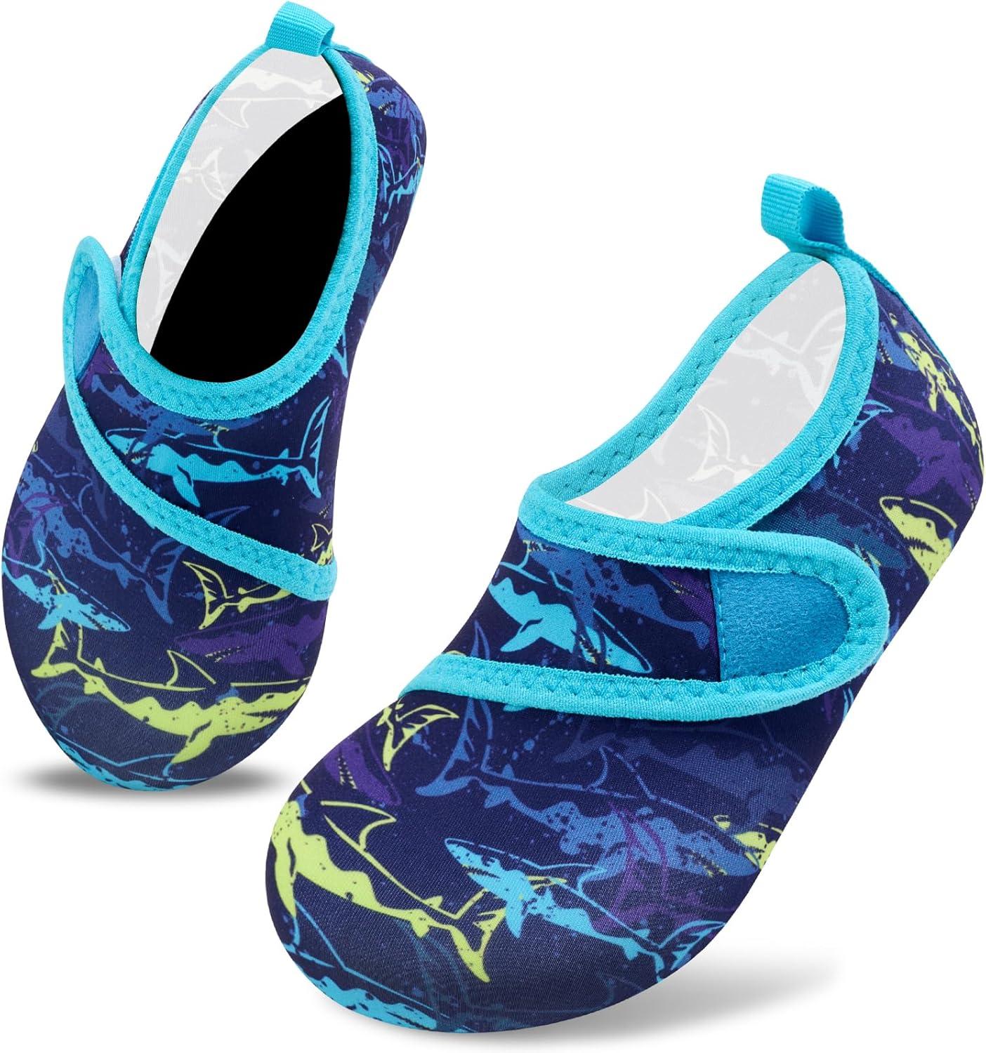 imageVIFUUR Kids Water Shoes Boys Girls Barefoot Water Sports Socks HookampampLoop Beach Shoes Quick Dry Aqua Socks Swim Walking Outdoor Sports for ToddlerPurple Yellow Fish