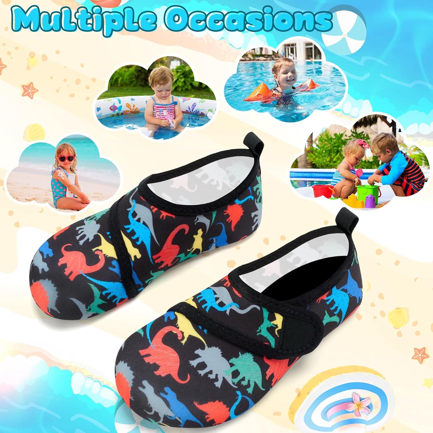 imageVIFUUR Kids Water Shoes Boys Girls Barefoot Water Sports Socks HookampampLoop Beach Shoes Quick Dry Aqua Socks Swim Walking Outdoor Sports for ToddlerBlack Dinosaurs