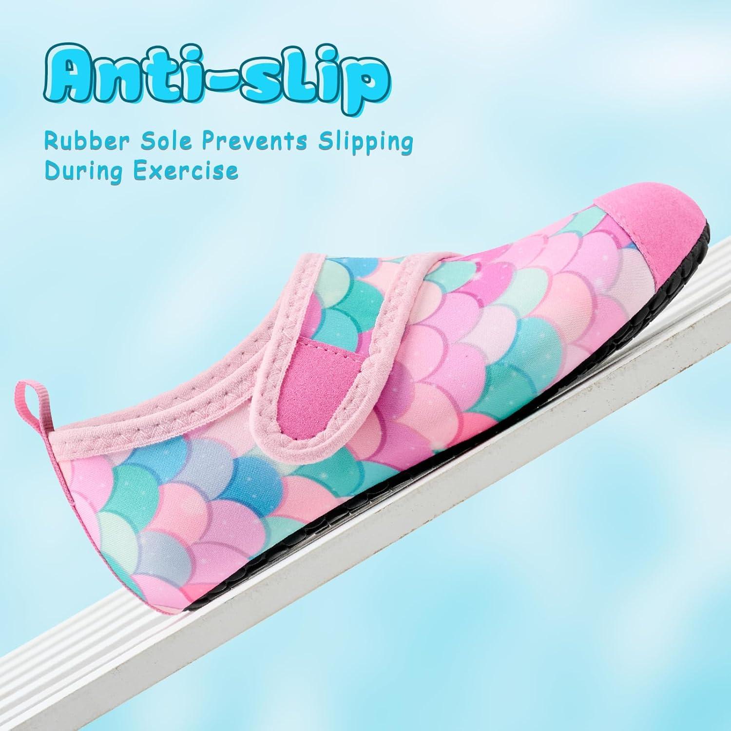 imageVIFUUR Kids Water Shoes Boys Girls Barefoot Water Sports Socks HookampampLoop Beach Shoes Quick Dry Aqua Socks Swim Walking Outdoor Sports for ToddlerFish Scales Pink