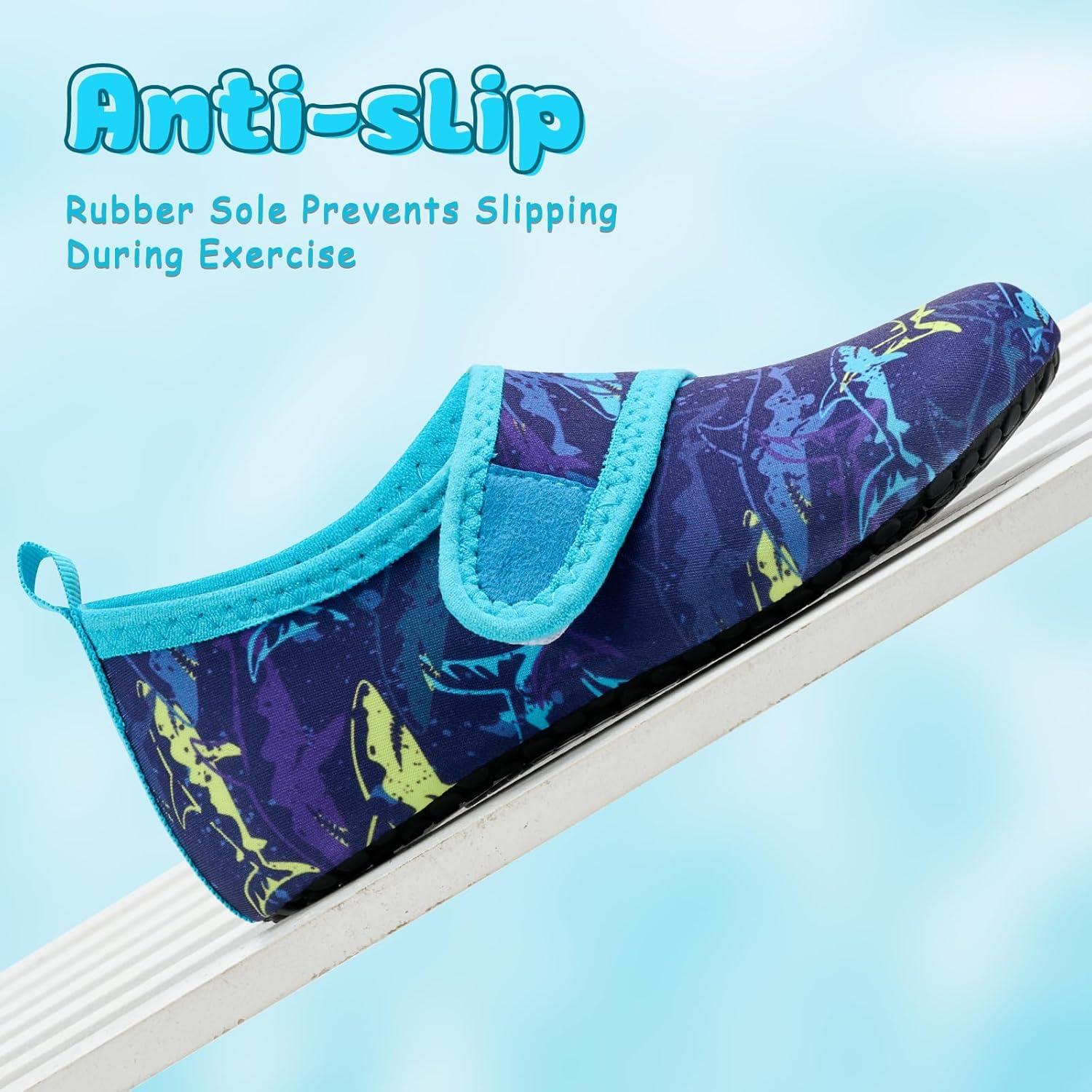 imageVIFUUR Kids Water Shoes Boys Girls Barefoot Water Sports Socks HookampampLoop Beach Shoes Quick Dry Aqua Socks Swim Walking Outdoor Sports for ToddlerPurple Yellow Fish