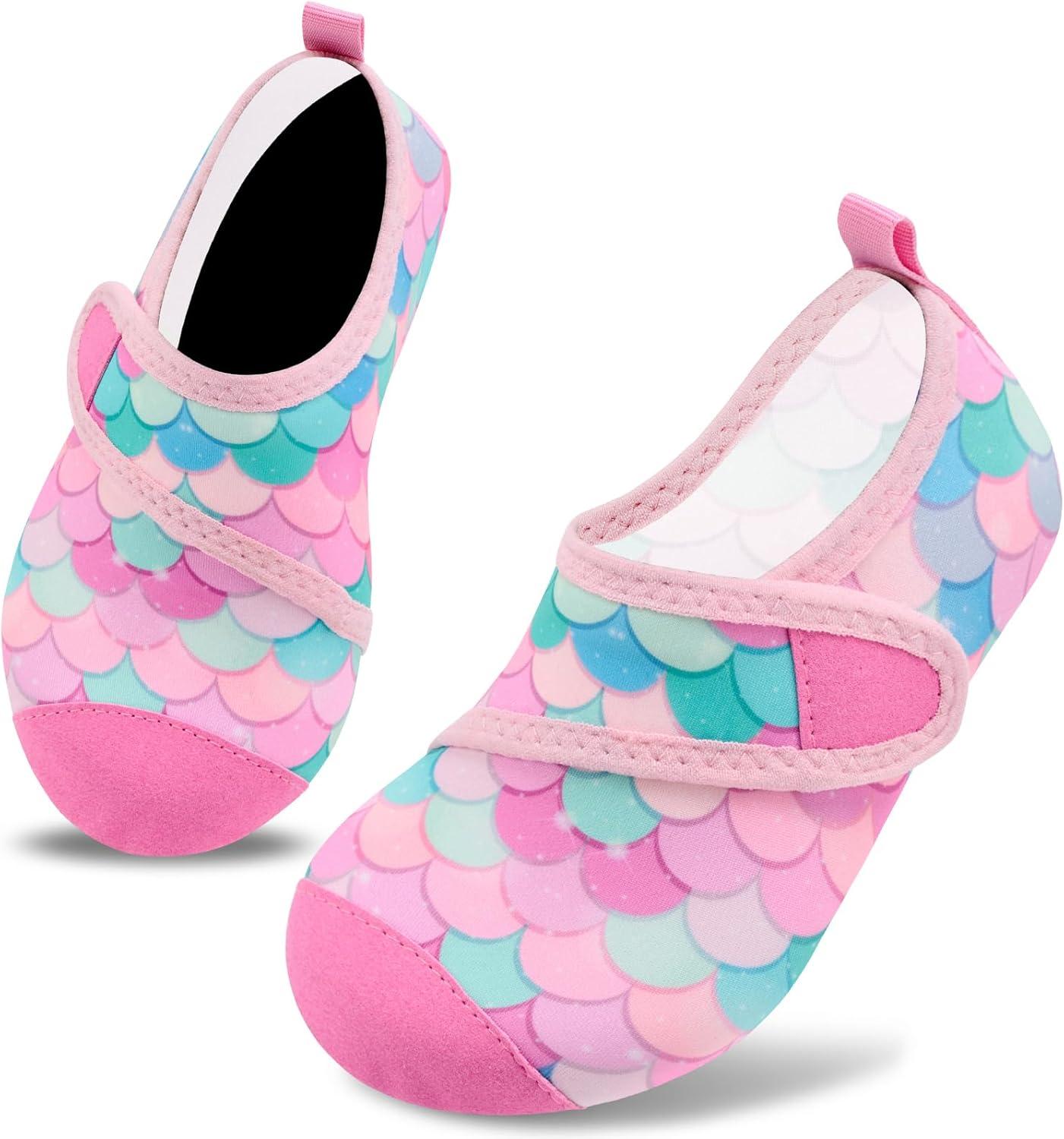 imageVIFUUR Kids Water Shoes Boys Girls Barefoot Water Sports Socks HookampampLoop Beach Shoes Quick Dry Aqua Socks Swim Walking Outdoor Sports for ToddlerFish Scales Pink