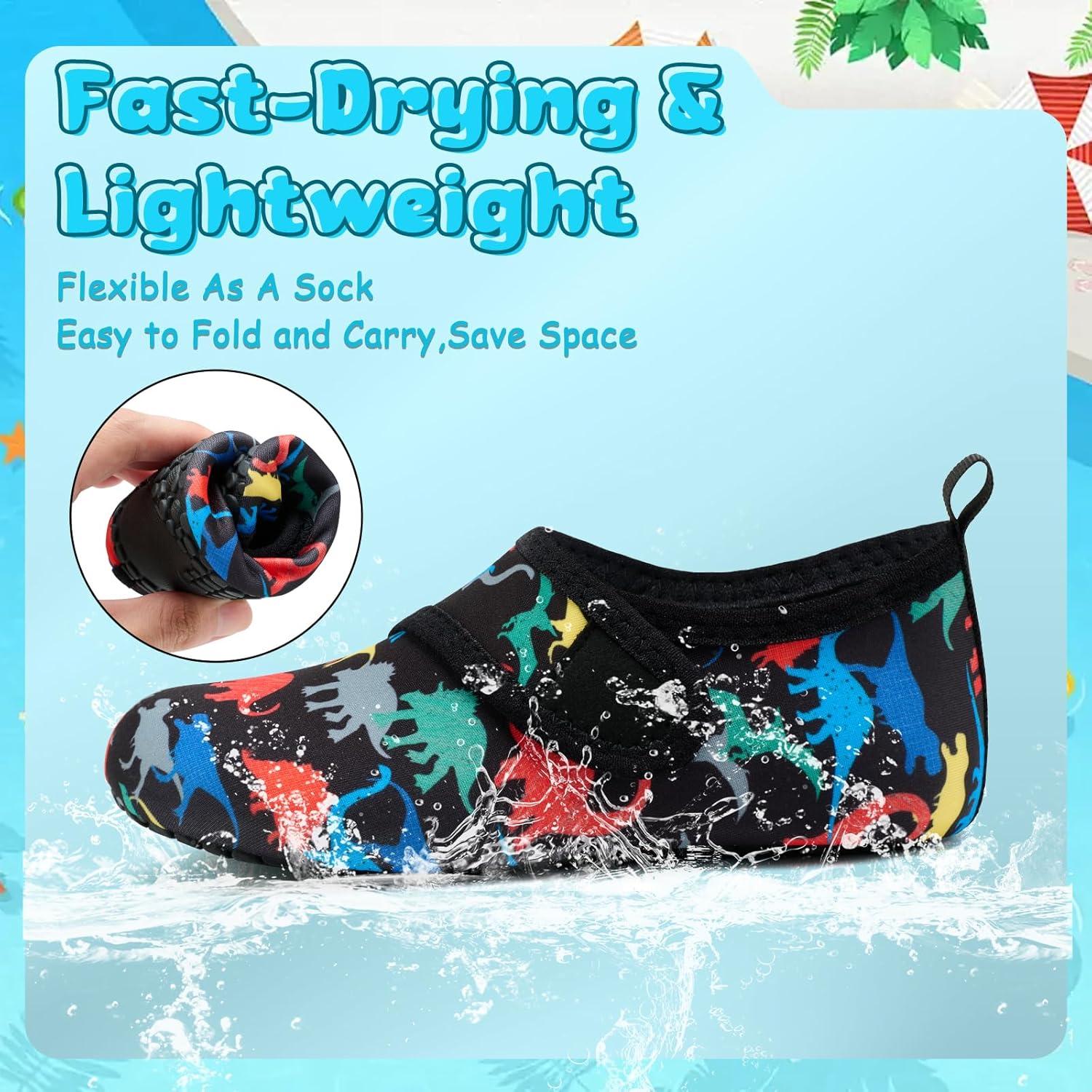 imageVIFUUR Kids Water Shoes Boys Girls Barefoot Water Sports Socks HookampampLoop Beach Shoes Quick Dry Aqua Socks Swim Walking Outdoor Sports for ToddlerBlack Dinosaurs