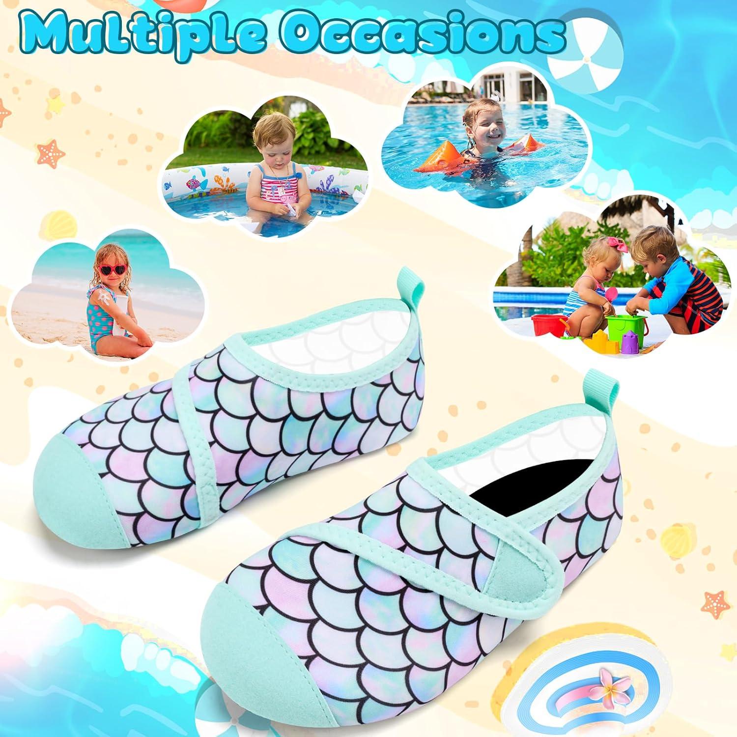imageVIFUUR Kids Water Shoes Boys Girls Barefoot Water Sports Socks HookampampLoop Beach Shoes Quick Dry Aqua Socks Swim Walking Outdoor Sports for ToddlerFish Scales Green
