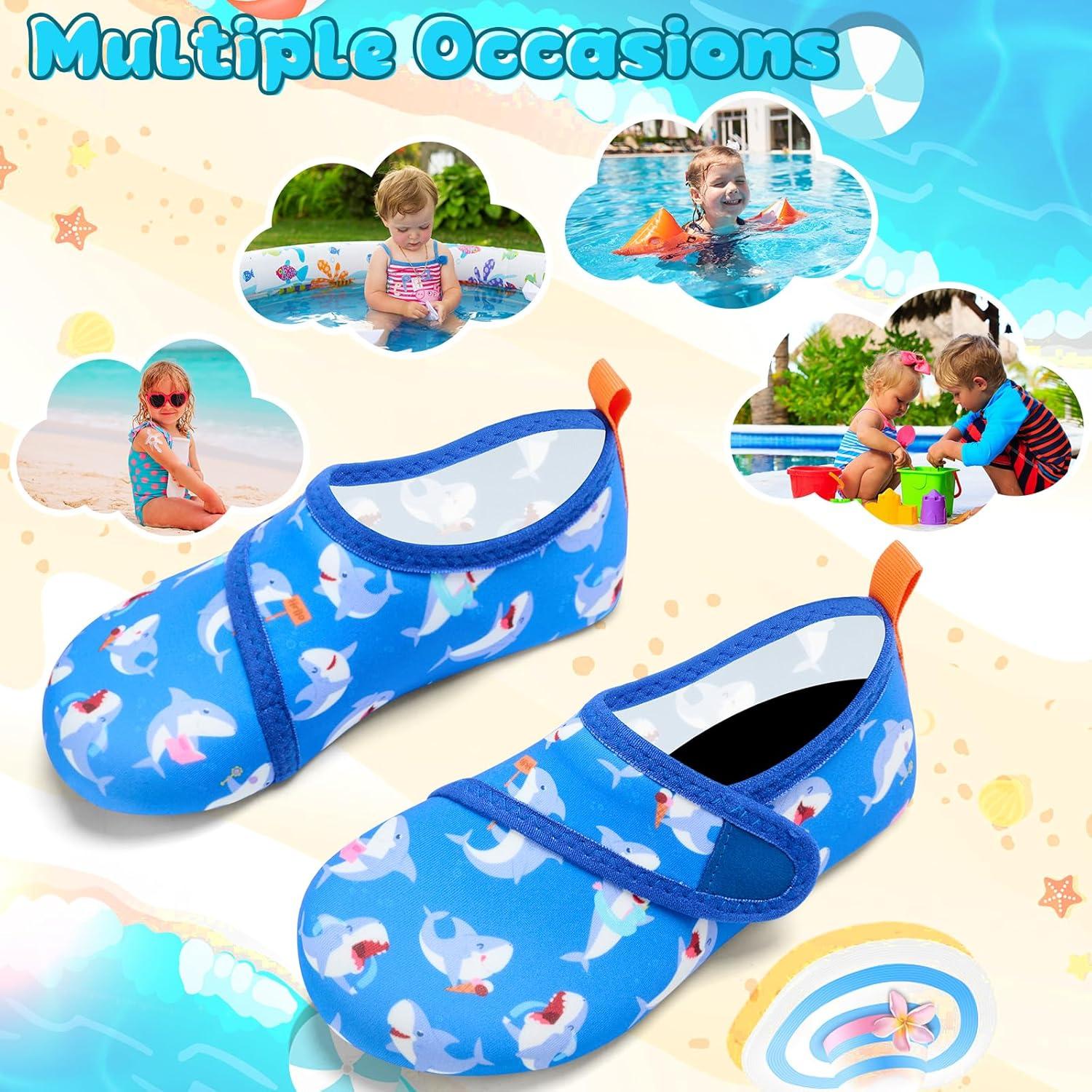 imageVIFUUR Kids Water Shoes Boys Girls Barefoot Water Sports Socks HookampampLoop Beach Shoes Quick Dry Aqua Socks Swim Walking Outdoor Sports for ToddlerBlue Shark