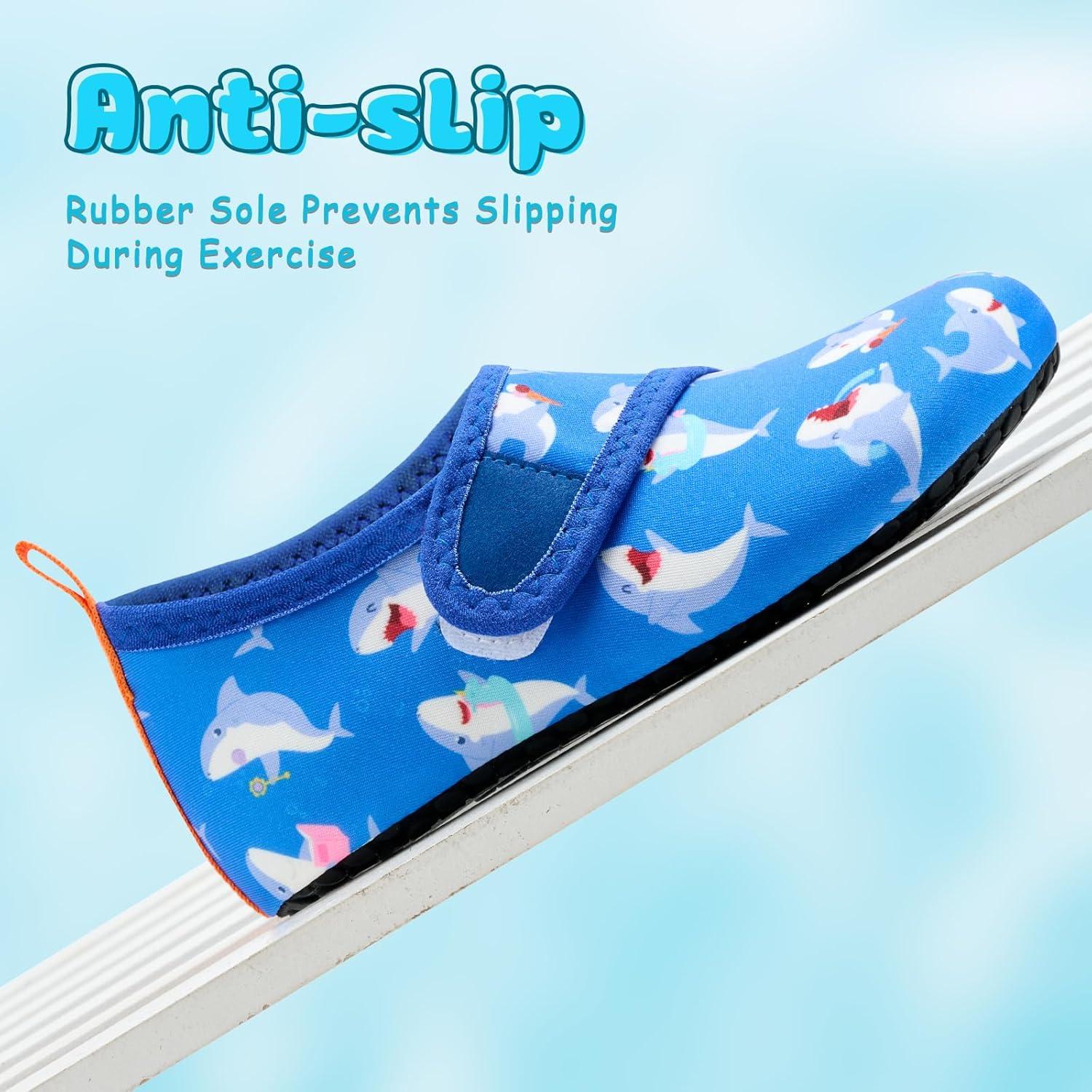 imageVIFUUR Kids Water Shoes Boys Girls Barefoot Water Sports Socks HookampampLoop Beach Shoes Quick Dry Aqua Socks Swim Walking Outdoor Sports for ToddlerBlue Shark