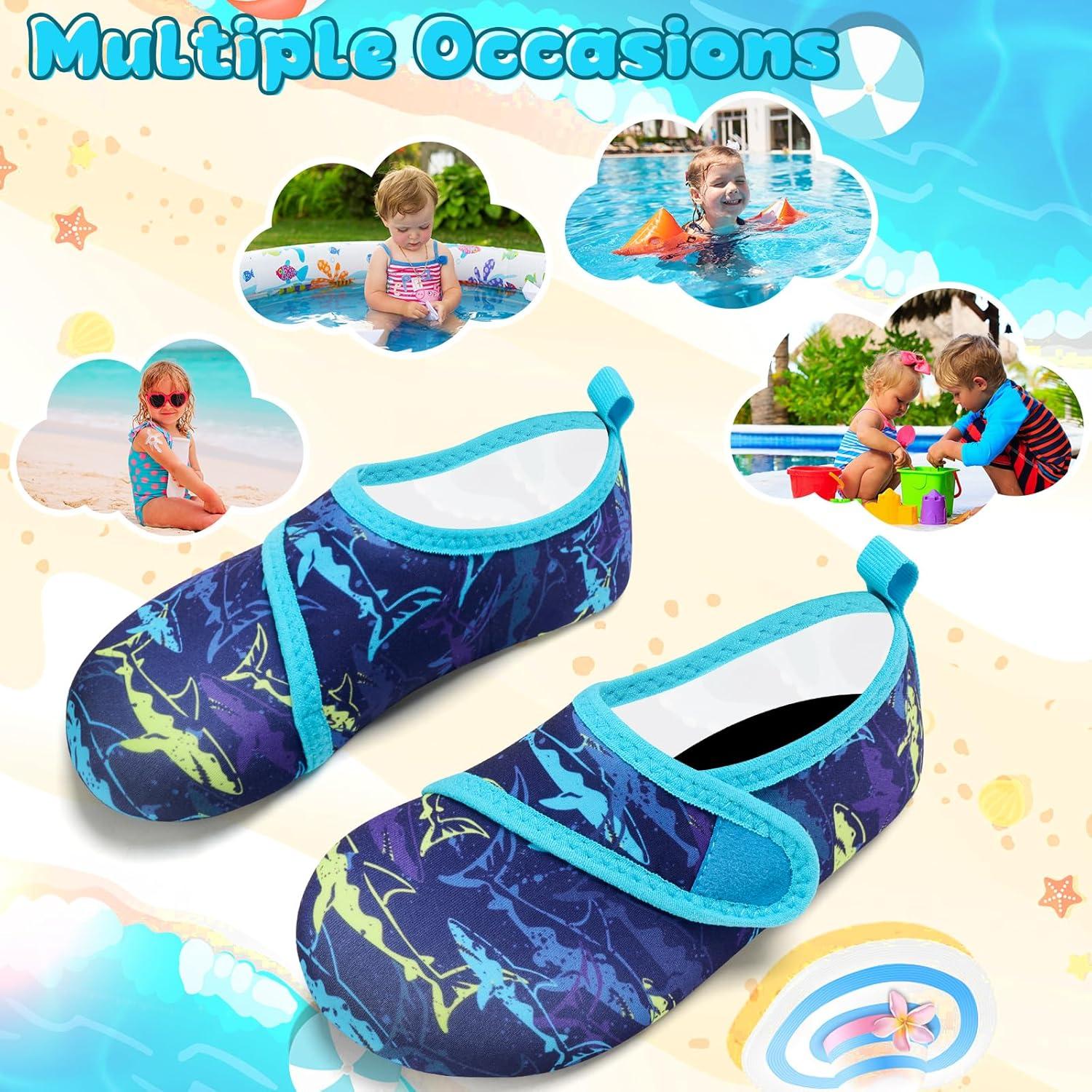 imageVIFUUR Kids Water Shoes Boys Girls Barefoot Water Sports Socks HookampampLoop Beach Shoes Quick Dry Aqua Socks Swim Walking Outdoor Sports for ToddlerPurple Yellow Fish