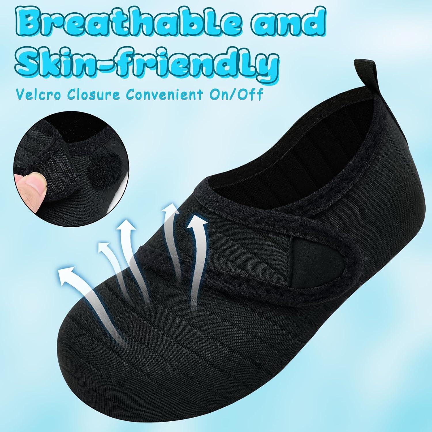 imageVIFUUR Kids Water Shoes Boys Girls Barefoot Water Sports Socks HookampampLoop Beach Shoes Quick Dry Aqua Socks Swim Walking Outdoor Sports for ToddlerBlack1