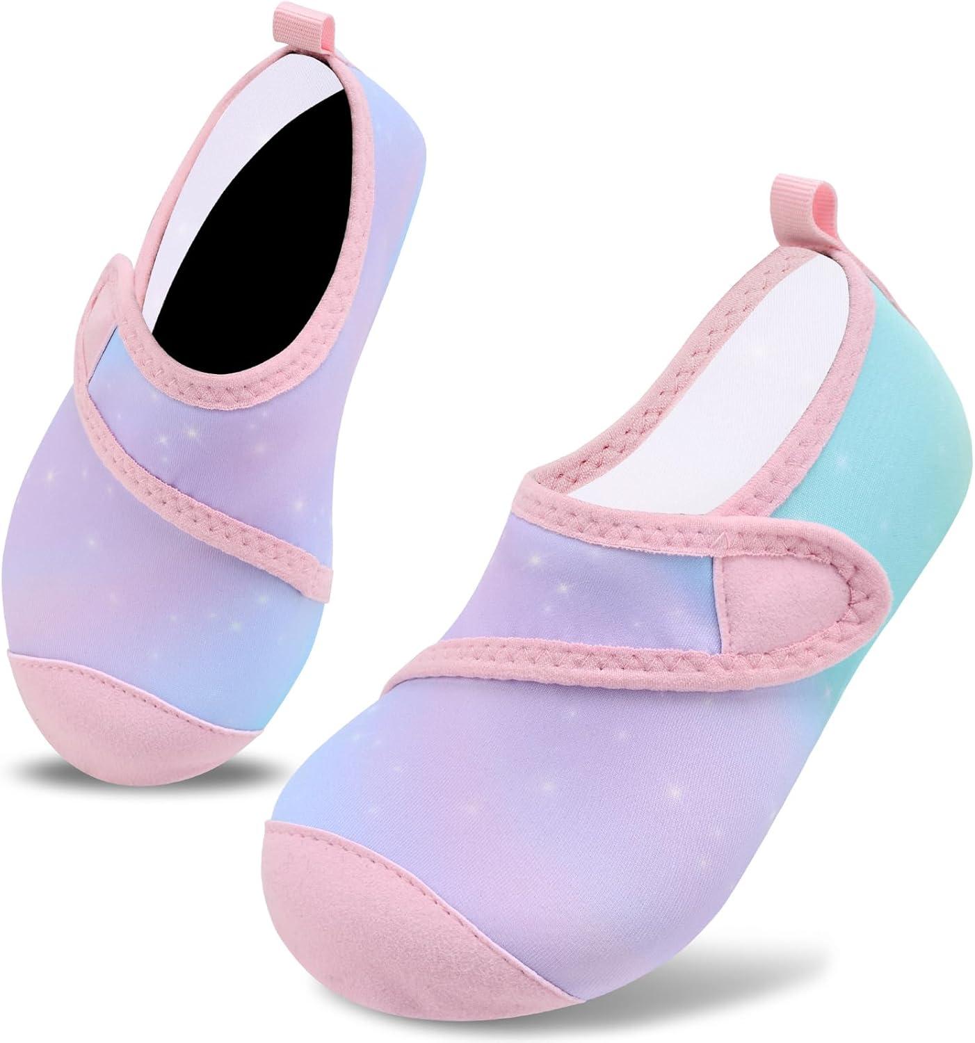 imageVIFUUR Kids Water Shoes Boys Girls Barefoot Water Sports Socks HookampampLoop Beach Shoes Quick Dry Aqua Socks Swim Walking Outdoor Sports for ToddlerStarry BluePink