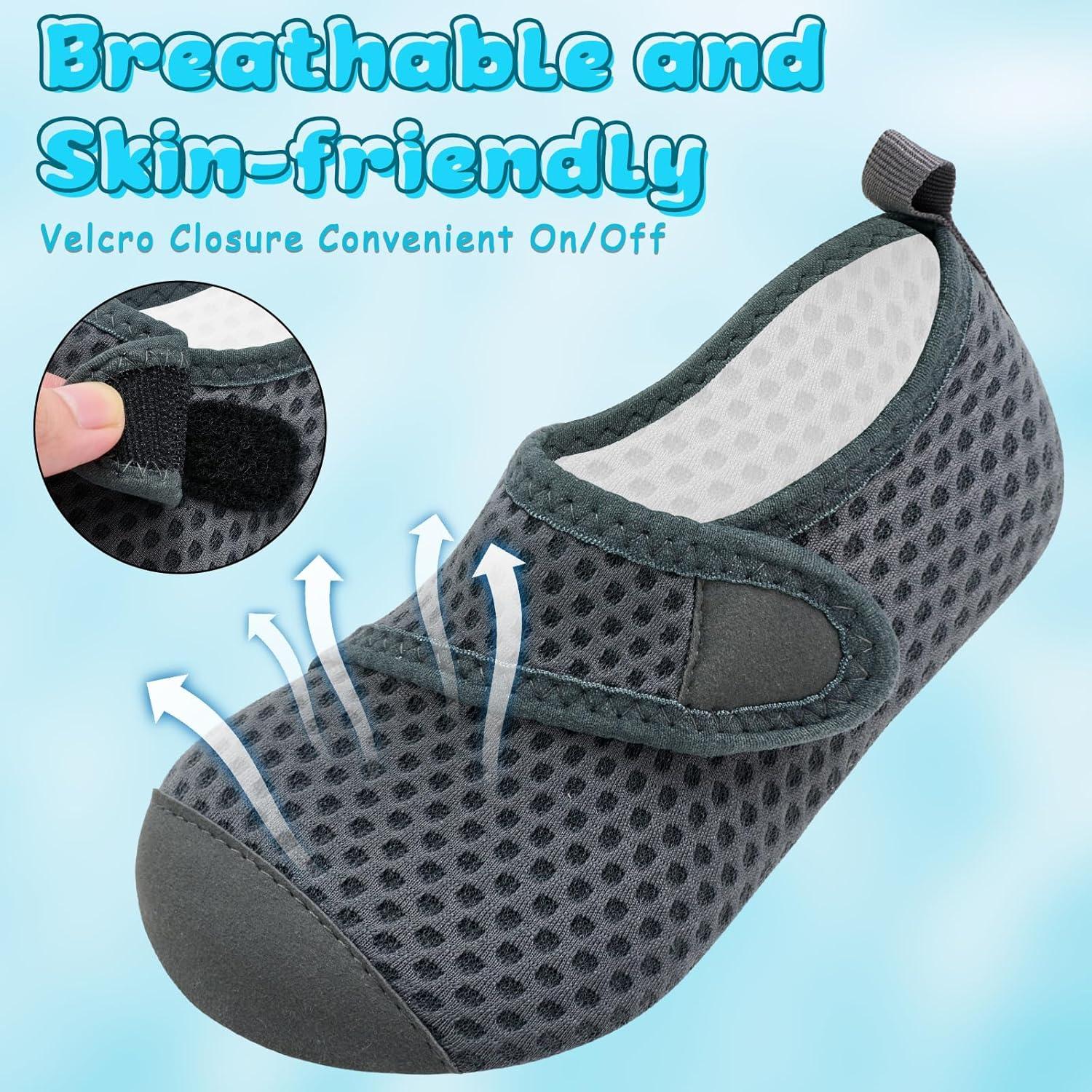 imageVIFUUR Kids Water Shoes Boys Girls Barefoot Water Sports Socks HookampampLoop Beach Shoes Quick Dry Aqua Socks Swim Walking Outdoor Sports for ToddlerGrey Circle