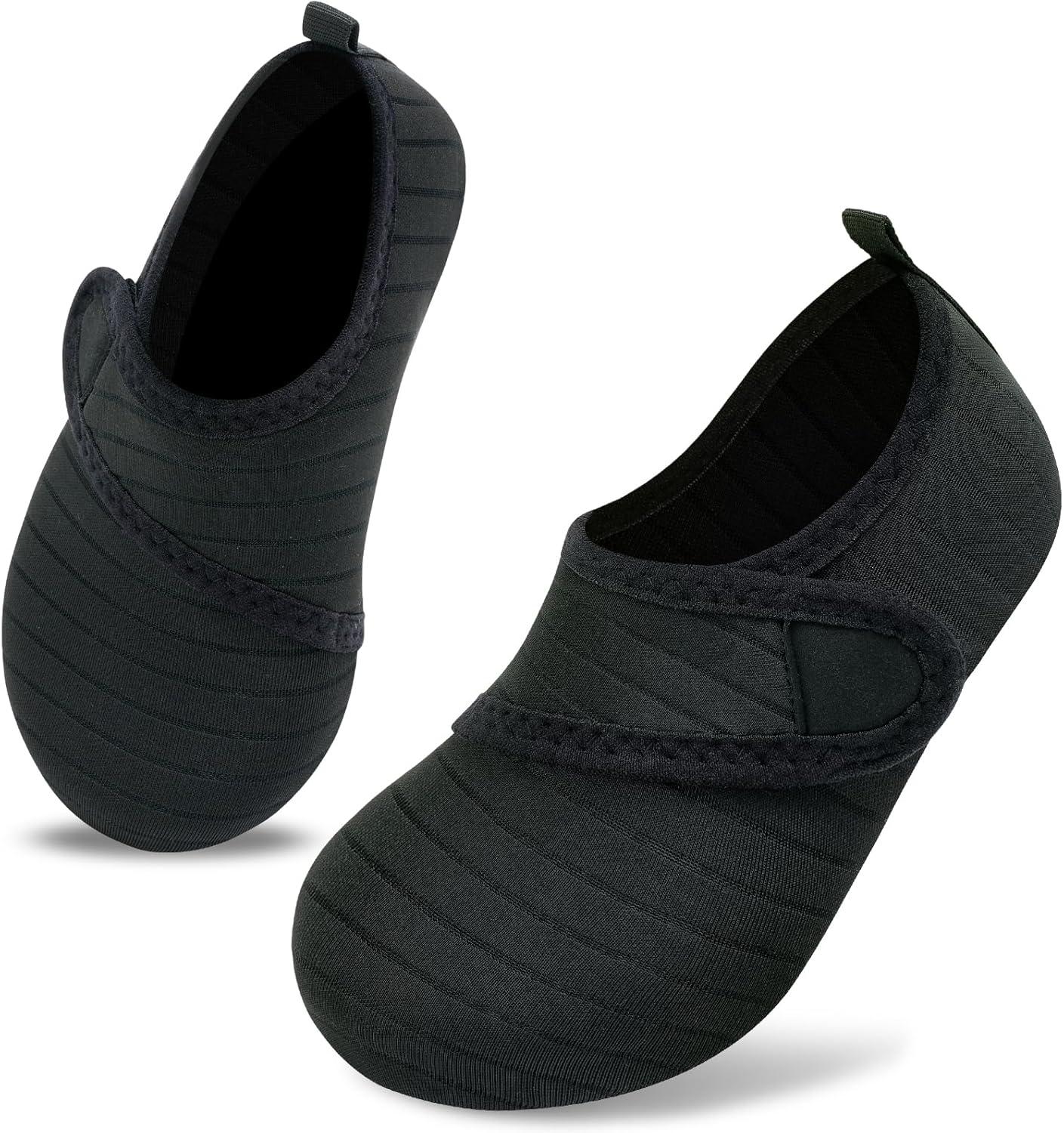 imageVIFUUR Kids Water Shoes Boys Girls Barefoot Water Sports Socks HookampampLoop Beach Shoes Quick Dry Aqua Socks Swim Walking Outdoor Sports for ToddlerBlack1