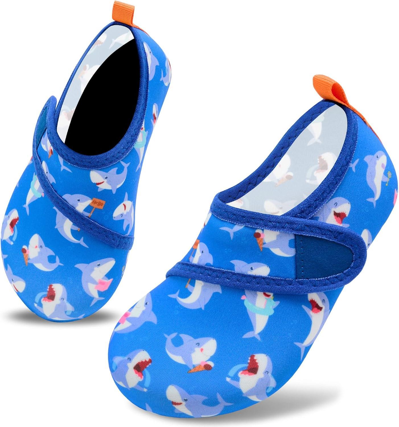 imageVIFUUR Kids Water Shoes Boys Girls Barefoot Water Sports Socks HookampampLoop Beach Shoes Quick Dry Aqua Socks Swim Walking Outdoor Sports for ToddlerBlue Shark