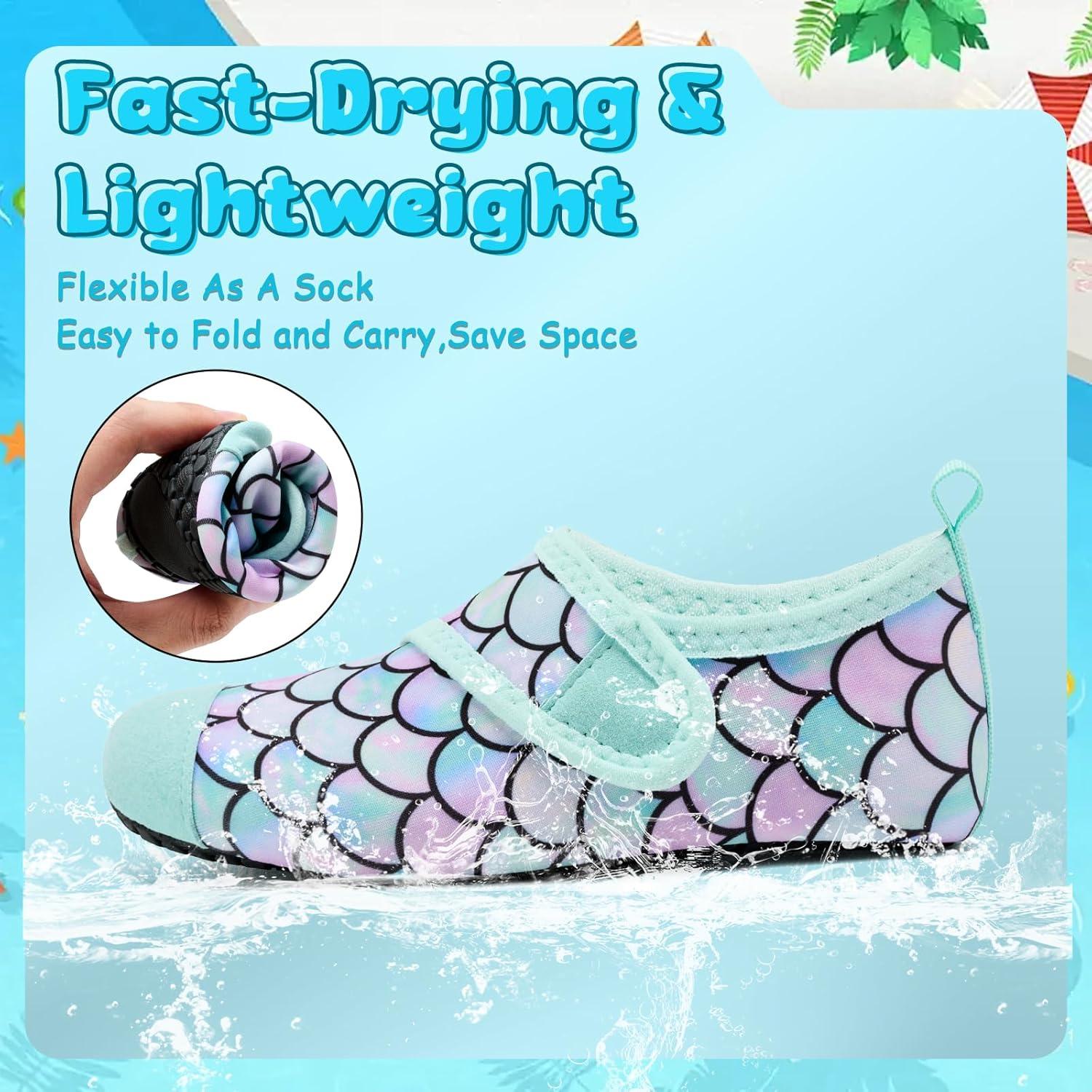 imageVIFUUR Kids Water Shoes Boys Girls Barefoot Water Sports Socks HookampampLoop Beach Shoes Quick Dry Aqua Socks Swim Walking Outdoor Sports for ToddlerFish Scales Green