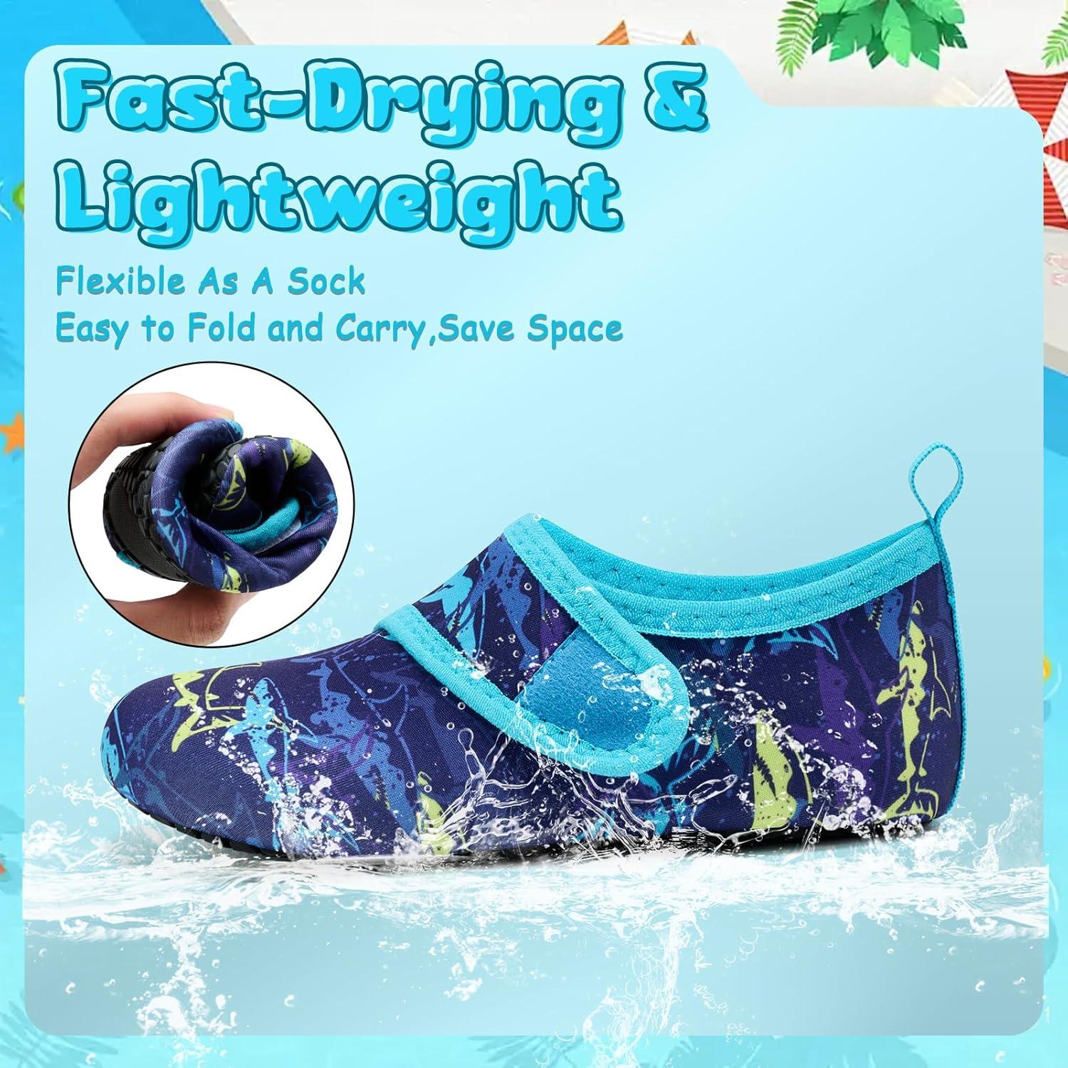 imageVIFUUR Kids Water Shoes Boys Girls Barefoot Water Sports Socks HookampampLoop Beach Shoes Quick Dry Aqua Socks Swim Walking Outdoor Sports for ToddlerPurple Yellow Fish