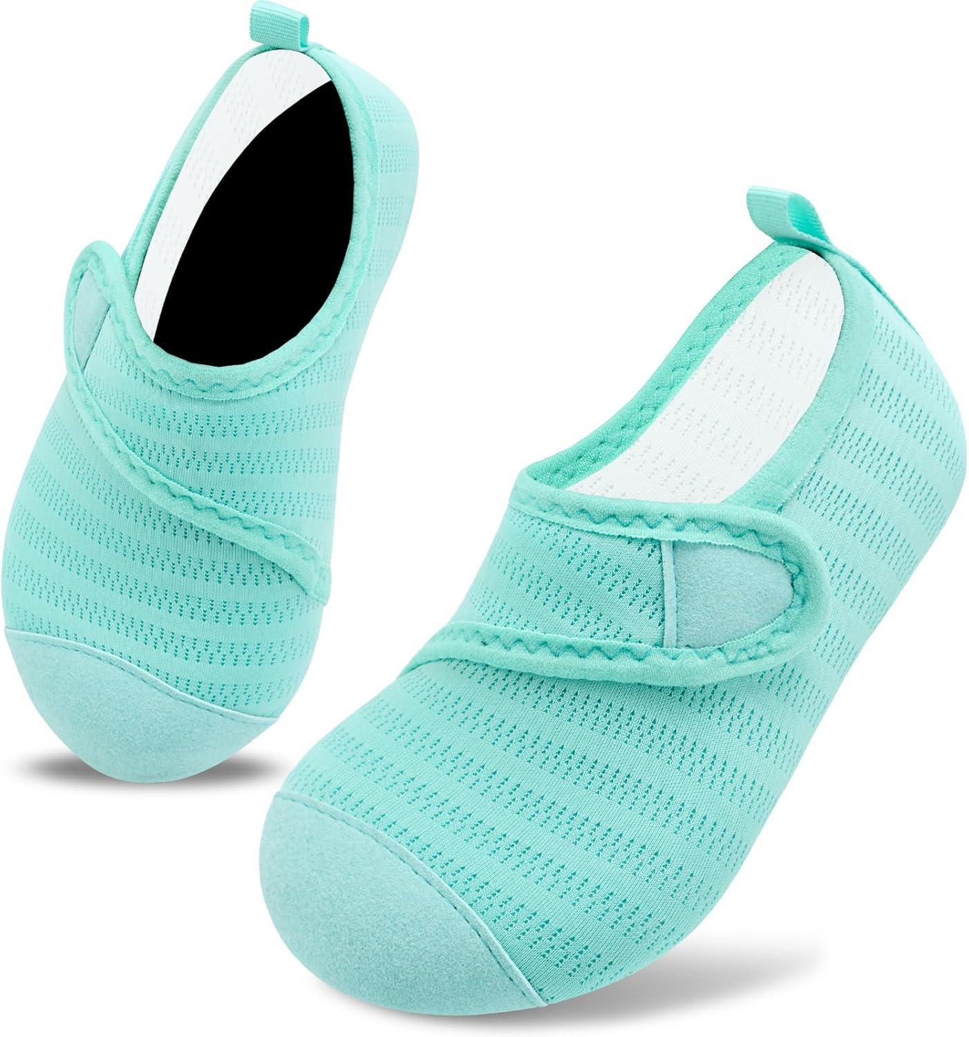 imageVIFUUR Kids Water Shoes Boys Girls Barefoot Water Sports Socks HookampampLoop Beach Shoes Quick Dry Aqua Socks Swim Walking Outdoor Sports for ToddlerCyan1