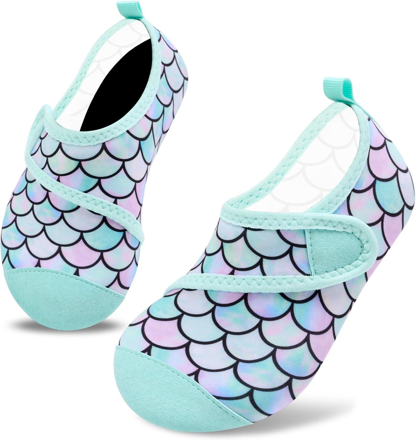 imageVIFUUR Kids Water Shoes Boys Girls Barefoot Water Sports Socks HookampampLoop Beach Shoes Quick Dry Aqua Socks Swim Walking Outdoor Sports for ToddlerFish Scales Green