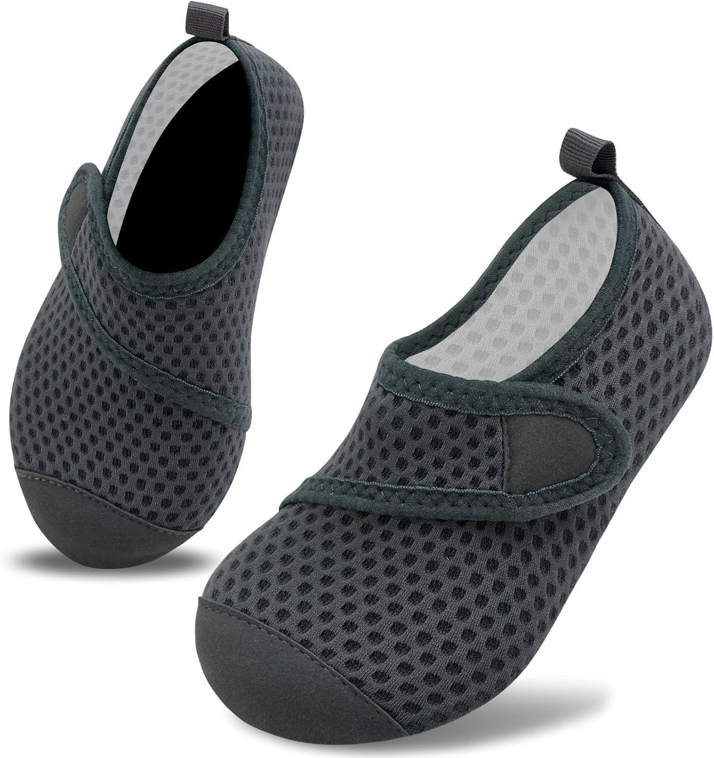 imageVIFUUR Kids Water Shoes Boys Girls Barefoot Water Sports Socks HookampampLoop Beach Shoes Quick Dry Aqua Socks Swim Walking Outdoor Sports for ToddlerGrey Circle