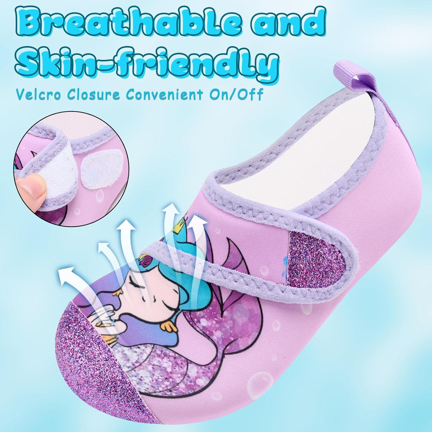 imageVIFUUR Kids Water Shoes Boys Girls Barefoot Water Sports Socks HookampampLoop Beach Shoes Quick Dry Aqua Socks Swim Walking Outdoor Sports for ToddlerMermaid Purple