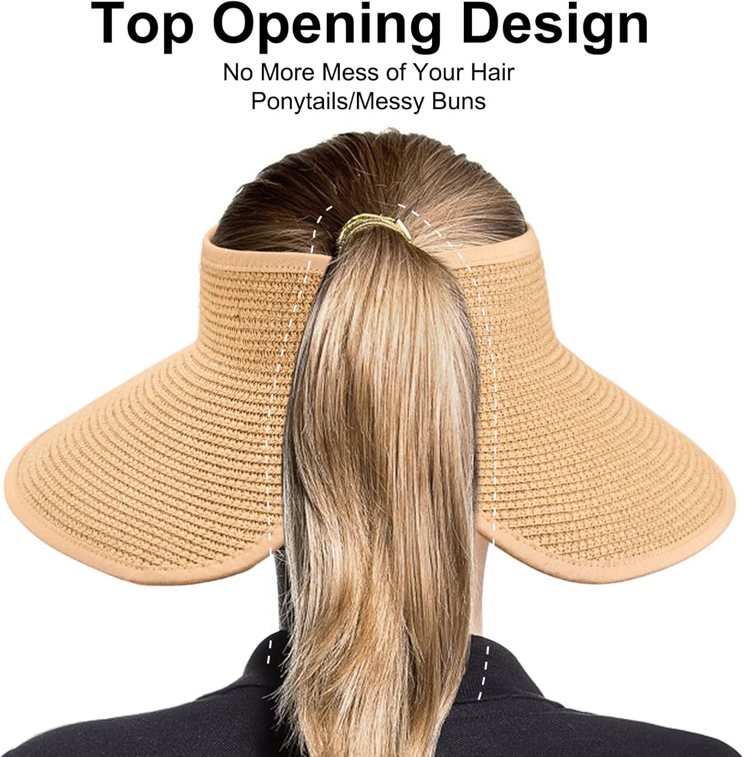 imageVIFUUR Sun Straw Hats Rollup Ponytail Wide Brim Summer Visor for Womens Beach Hat Packable UPF UV Travel