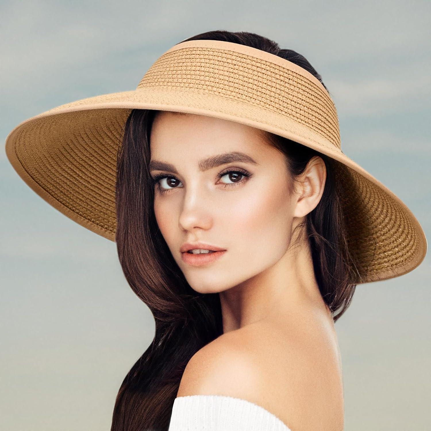 imageVIFUUR Sun Straw Hats Rollup Ponytail Wide Brim Summer Visor for Womens Beach Hat Packable UPF UV Travel
