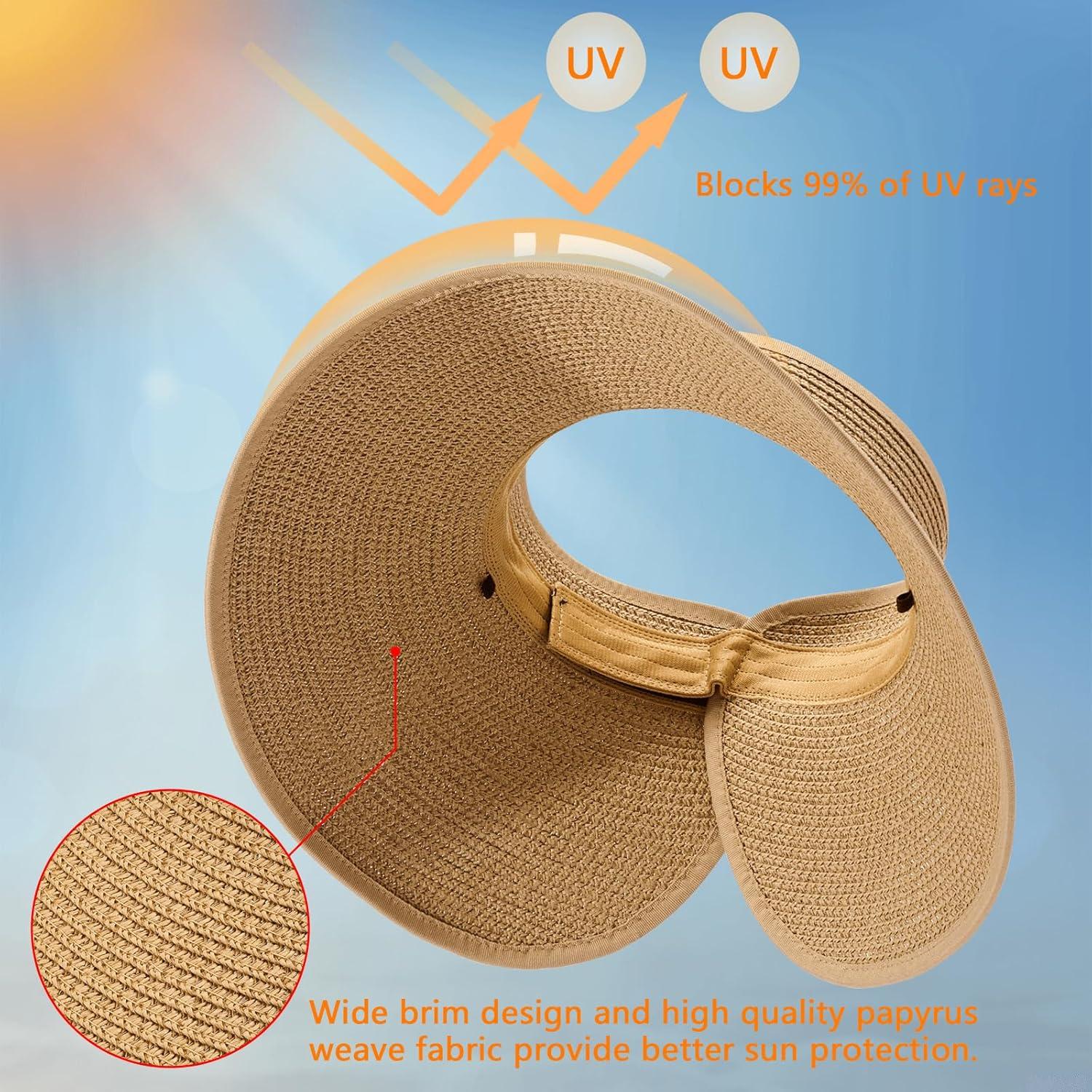 imageVIFUUR Sun Straw Hats Rollup Ponytail Wide Brim Summer Visor for Womens Beach Hat Packable UPF UV Travel