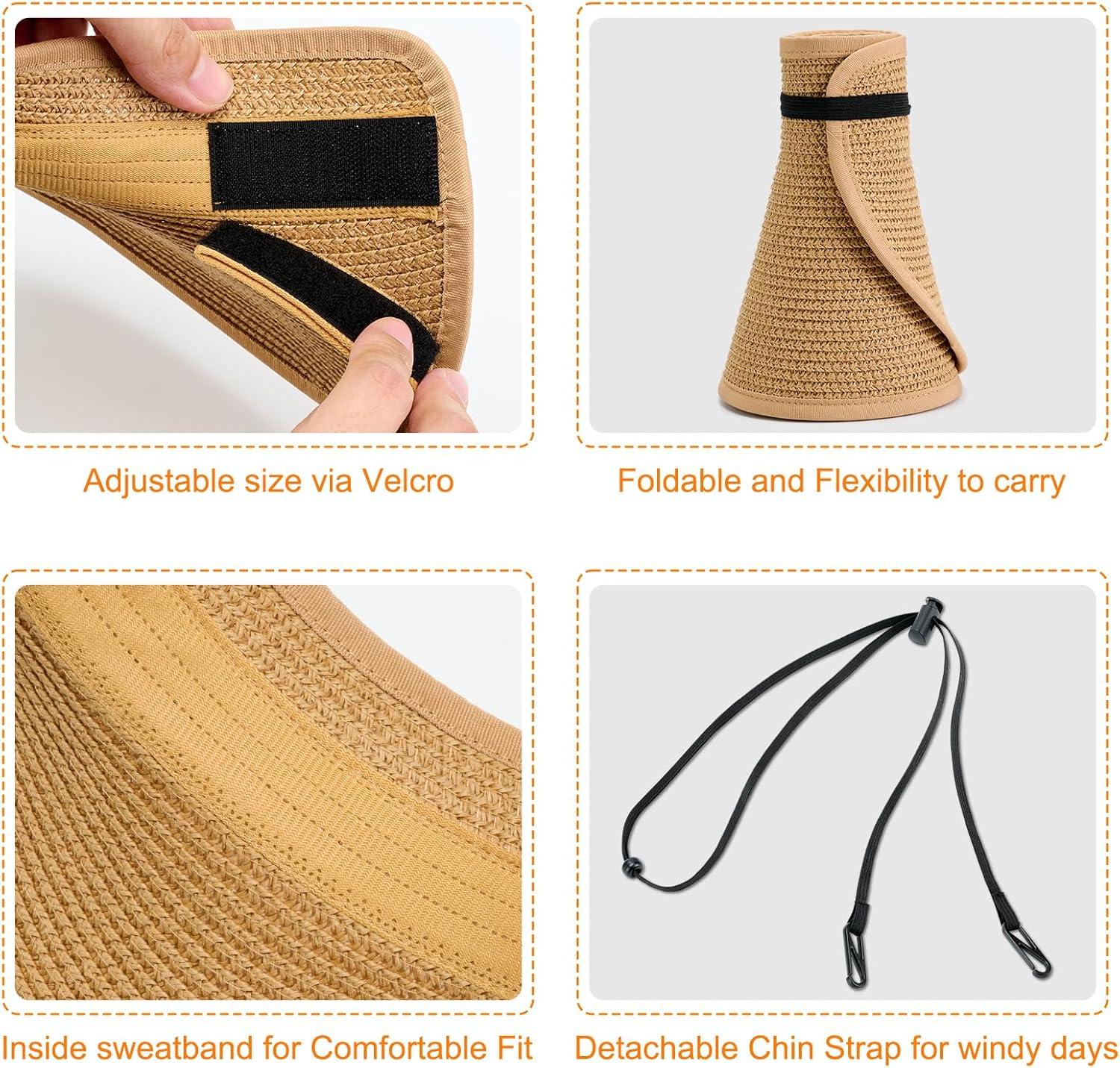 imageVIFUUR Sun Straw Hats Rollup Ponytail Wide Brim Summer Visor for Womens Beach Hat Packable UPF UV Travel