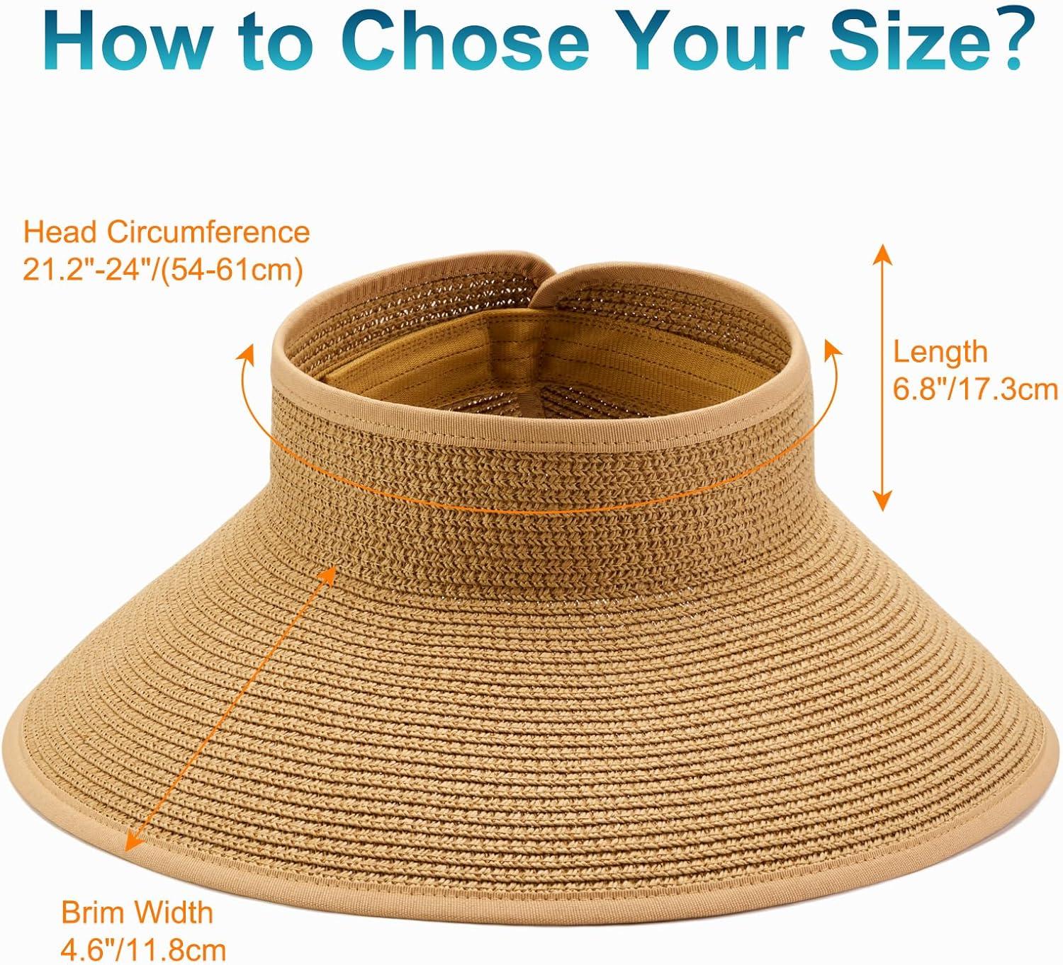 imageVIFUUR Sun Straw Hats Rollup Ponytail Wide Brim Summer Visor for Womens Beach Hat Packable UPF UV Travel