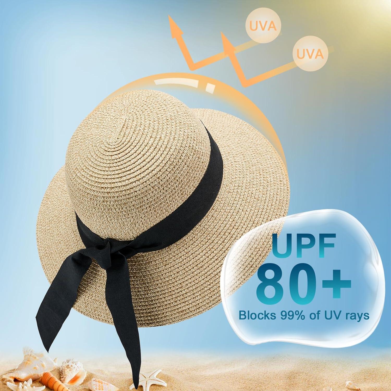 imageVIFUUR Womens Straw Hats Wide Brim Summer Visor Beach Sun Hat Packable UPF UV Foldable Travel