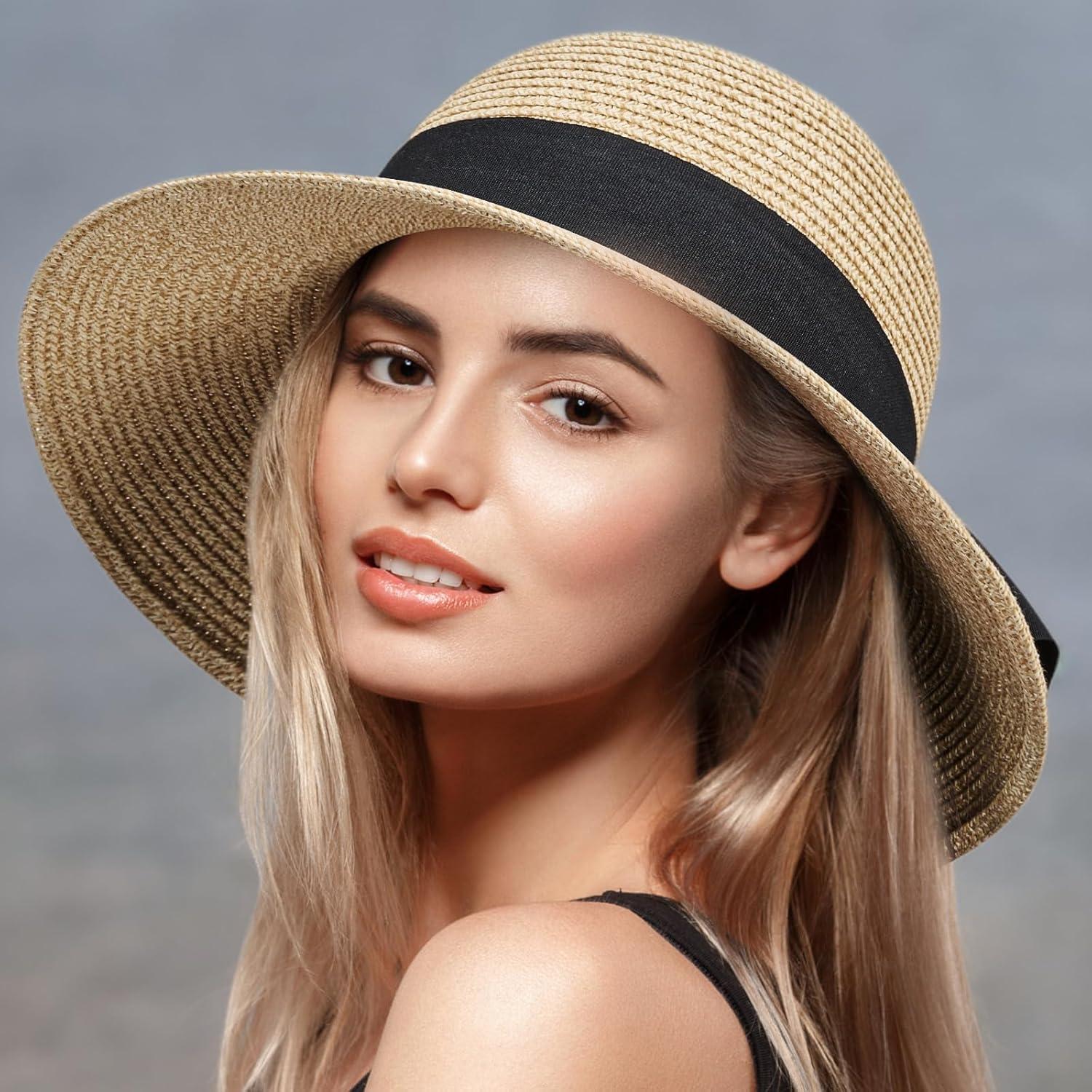 imageVIFUUR Womens Straw Hats Wide Brim Summer Visor Beach Sun Hat Packable UPF UV Foldable Travel