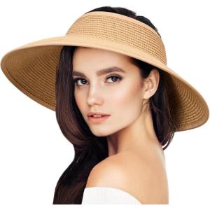 imageVIFUUR Sun Straw Hats Rollup Ponytail Wide Brim Summer Visor for Womens Beach Hat Packable UPF UV Travel