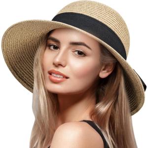 imageVIFUUR Womens Straw Hats Wide Brim Summer Visor Beach Sun Hat Packable UPF UV Foldable Travel