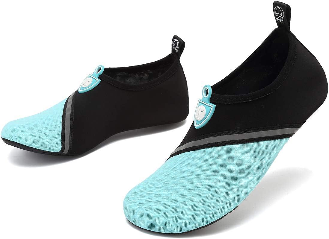 imageVIFUUR Men Women Unisex Barefoot Sock Shoes Soft House Indoor Slippers of Knitted Material Breathable Aqua Yoga Socks with Nonslip Rubble SoleA Splice Black Cyan