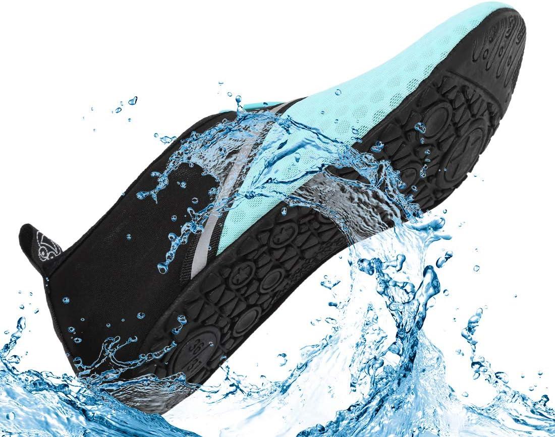 imageVIFUUR Men Women Unisex Barefoot Sock Shoes Soft House Indoor Slippers of Knitted Material Breathable Aqua Yoga Socks with Nonslip Rubble SoleA Splice Black Cyan
