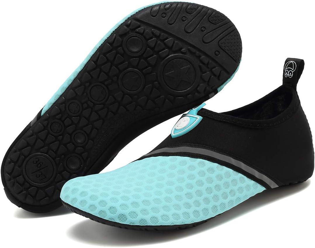 imageVIFUUR Men Women Unisex Barefoot Sock Shoes Soft House Indoor Slippers of Knitted Material Breathable Aqua Yoga Socks with Nonslip Rubble SoleA Splice Black Cyan