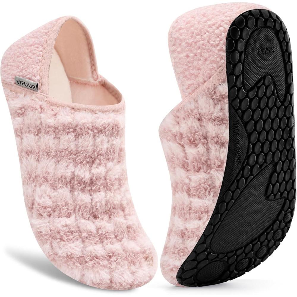 imageVIFUUR House Slippers for Men Women Indoor Slip on Barefoot Slipper Socks Fuzzy Cozy Sock Shoes for Home Bedroom TravelPink Striped