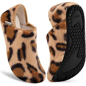 imageVIFUUR House Slippers for Men Women Indoor Slip on Barefoot Slipper Socks Fuzzy Cozy Sock Shoes for Home Bedroom TravelBrown Leopard
