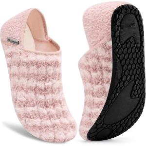 imageVIFUUR House Slippers for Men Women Indoor Slip on Barefoot Slipper Socks Fuzzy Cozy Sock Shoes for Home Bedroom TravelPink Striped