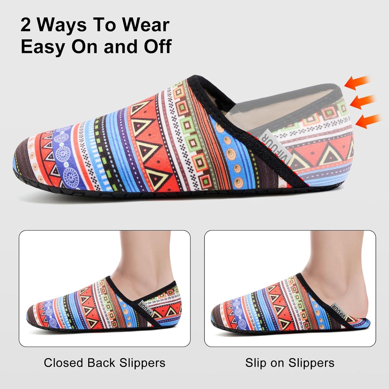 imageVIFUUR House Slippers for Women Men Slip on Indoor Barefoot Slipper Socks Fuzzy Cozy Sock Shoes for Home Bedroom TravelGeometric Style