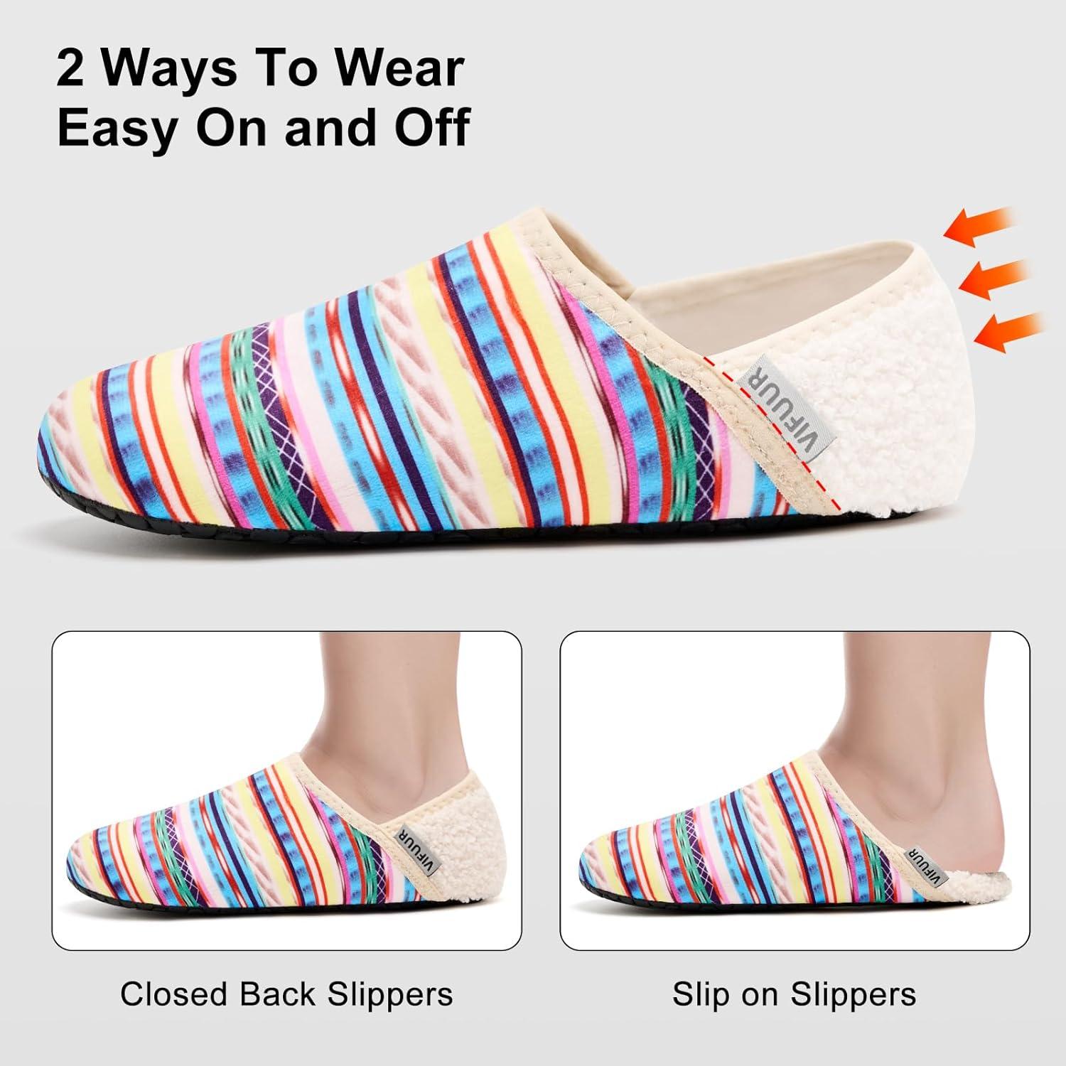 imageVIFUUR House Slippers for Women Men Slip on Indoor Barefoot Slipper Socks Fuzzy Cozy Sock Shoes for Home Bedroom TravelMulticolored Stripes