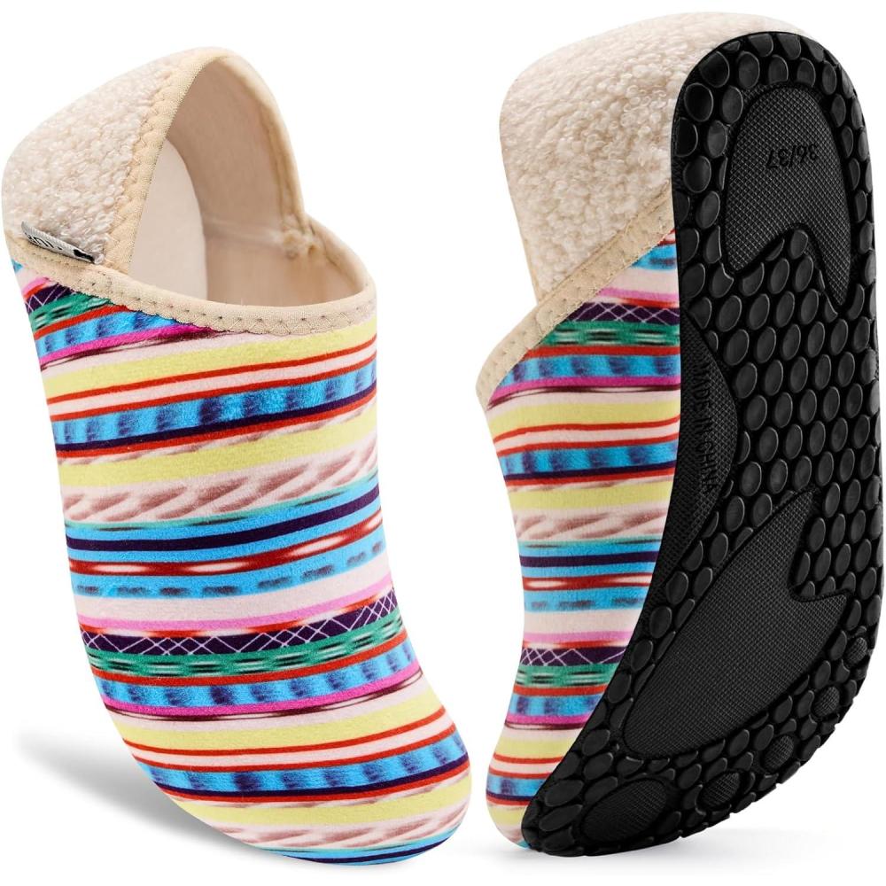 imageVIFUUR House Slippers for Women Men Slip on Indoor Barefoot Slipper Socks Fuzzy Cozy Sock Shoes for Home Bedroom TravelMulticolored Stripes