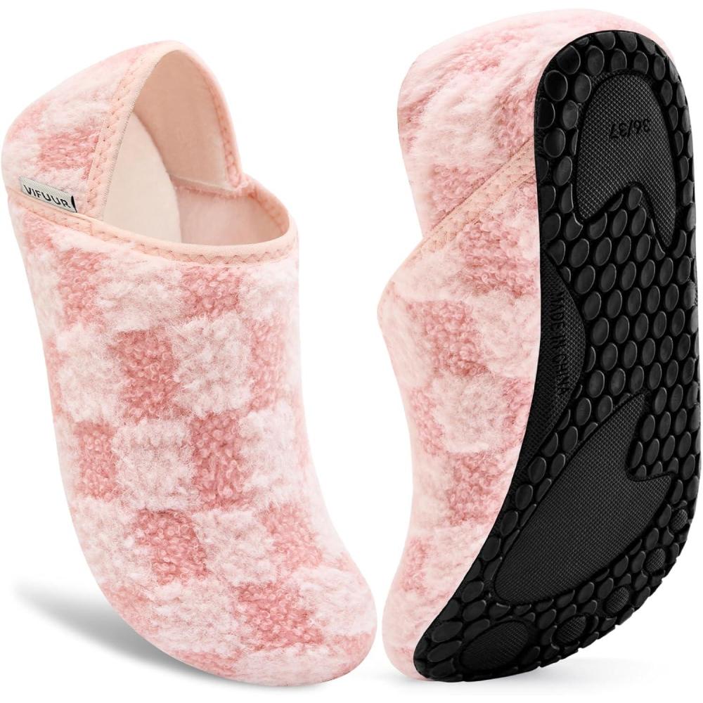 imageVIFUUR House Slippers for Women Men Slip on Indoor Barefoot Slipper Socks Fuzzy Cozy Sock Shoes for Home Bedroom TravelPink Board