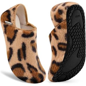 imageVIFUUR House Slippers for Women Men Slip on Indoor Barefoot Slipper Socks Fuzzy Cozy Sock Shoes for Home Bedroom TravelBrown Leopard