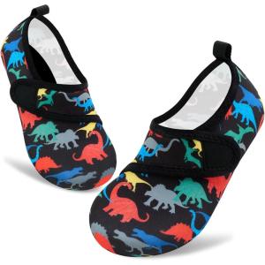 imageVIFUUR Kids Water Shoes Boys Girls Barefoot Water Sports Socks HookampLoop Beach Shoes Quick Dry Aqua Socks Swim Walking Outdoor Sports for ToddlerBlack Dinosaurs