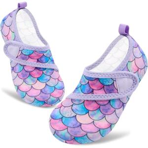 imageVIFUUR Kids Water Shoes Boys Girls Barefoot Water Sports Socks HookampLoop Beach Shoes Quick Dry Aqua Socks Swim Walking Outdoor Sports for ToddlerFish Scales Purple